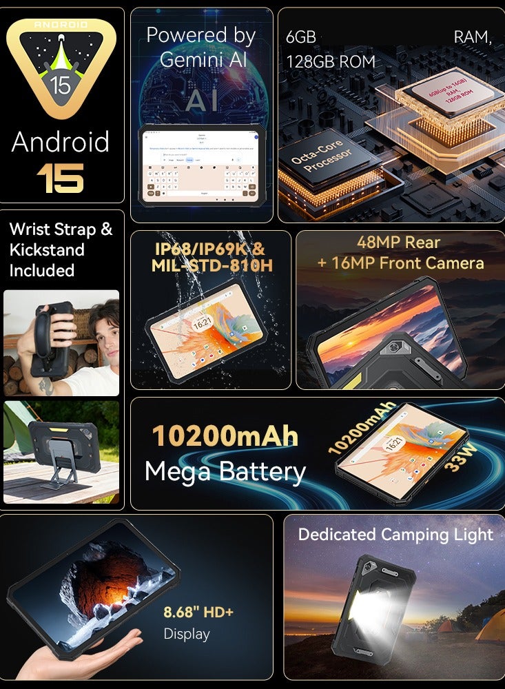 Cubot Tab Kingkong Mini Rugged Tablet 8.68 inch HD+ Android 15 Tablet 6GB RAM +128GB ROM IP68/IP69K Waterproof Tablet With 48MP+16MP Camera Dual SIM 4G Tablet -Black - Image 3