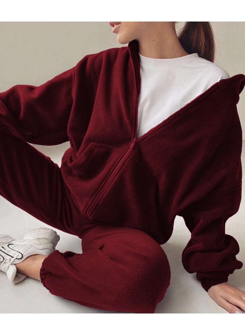 NIBEMINENT بدلة رياضية من قماش المخمل للنساء في الربيع مع سترة بغطاء رأس وسروال، مجموعة مكونة من قطعتين - Image 2