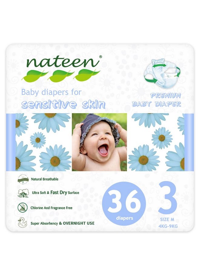 nateen Nateen Premium Baby Diapers, Overnight Use Disposable Diapers for Sensitive Skin, Ultra Thin Diapers with Comfortable Fit. Size 3 (Medium), 36, Count.  - Image 1