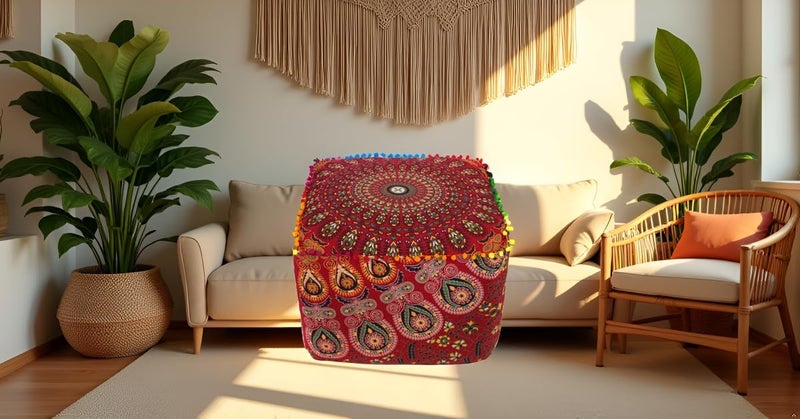 CRAFT KALA غطاء وسادة طاولة مربعة ذات تصميم ماندالا من ، بحجم 20×20×14 بوصة، بتصميم زهور سوداء ذهبية. - Image 2