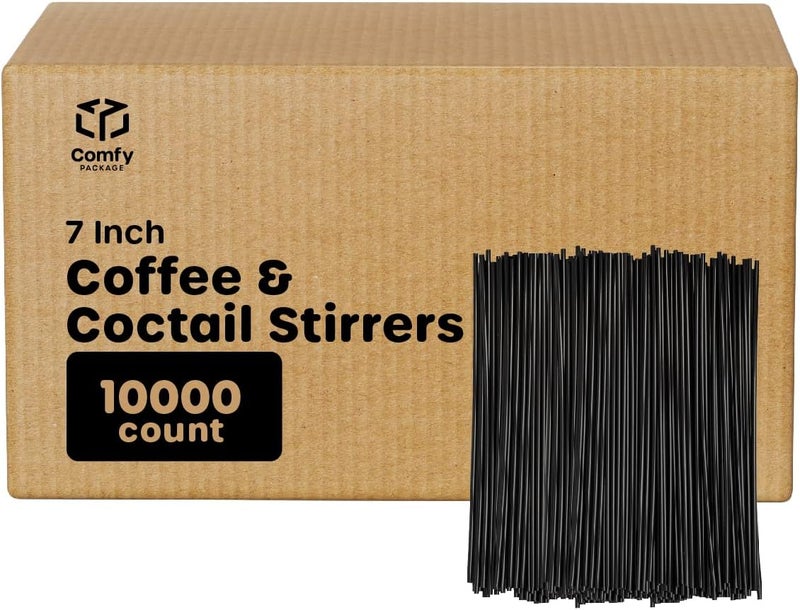 Comfy Package [7 Inch - Case of 10,000] Black Coffee Drink Stirrers & Cocktail Straws - Disposable Plastic Sip Stir Sticks for Hot & Cold Beverages - Image 1