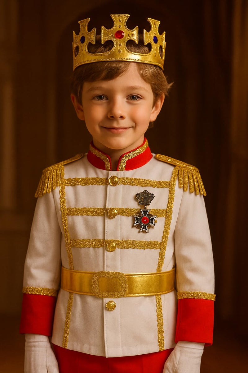 ZZIHAN Prince Costume Outfit for Boys King Costume Prince Charming Costume with Metal Retro Medals Badge Prince Crown Gemstone Ring White Prince Gloves for Halloween Birthday Party Dressing up 6-7 - Image 3
