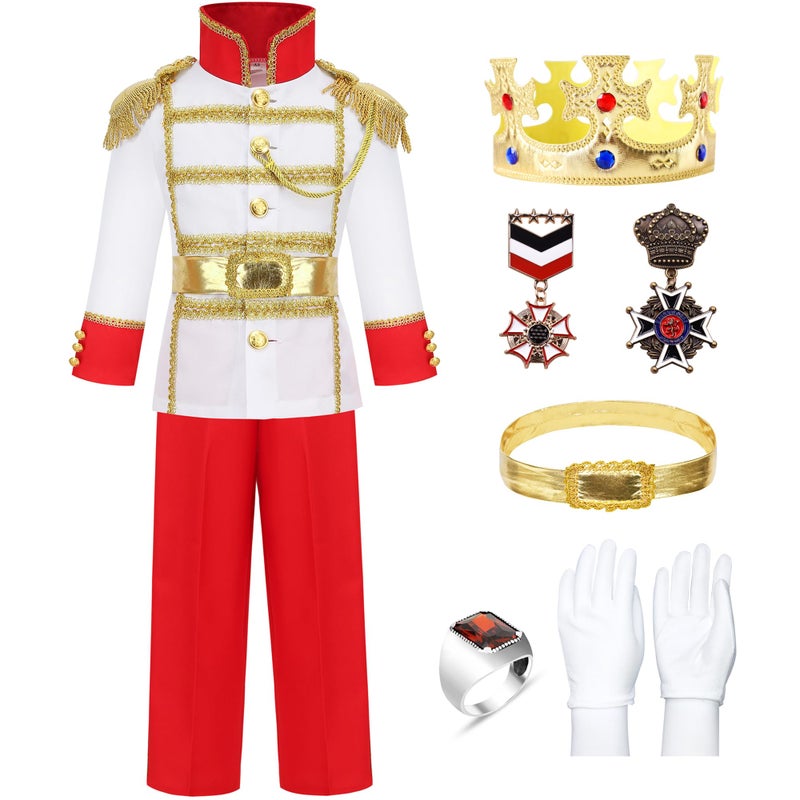 ZZIHAN Prince Costume Outfit for Boys King Costume Prince Charming Costume with Metal Retro Medals Badge Prince Crown Gemstone Ring White Prince Gloves for Halloween Birthday Party Dressing up 6-7 - Image 1