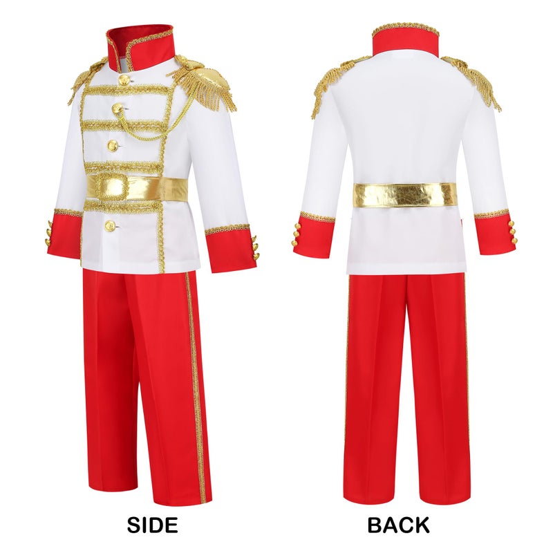 ZZIHAN Prince Costume Outfit for Boys King Costume Prince Charming Costume with Metal Retro Medals Badge Prince Crown Gemstone Ring White Prince Gloves for Halloween Birthday Party Dressing up 6-7 - Image 4