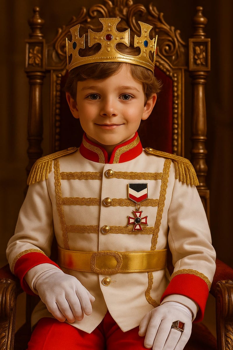 ZZIHAN Prince Costume Outfit for Boys King Costume Prince Charming Costume with Metal Retro Medals Badge Prince Crown Gemstone Ring White Prince Gloves for Halloween Birthday Party Dressing up 6-7 - Image 2