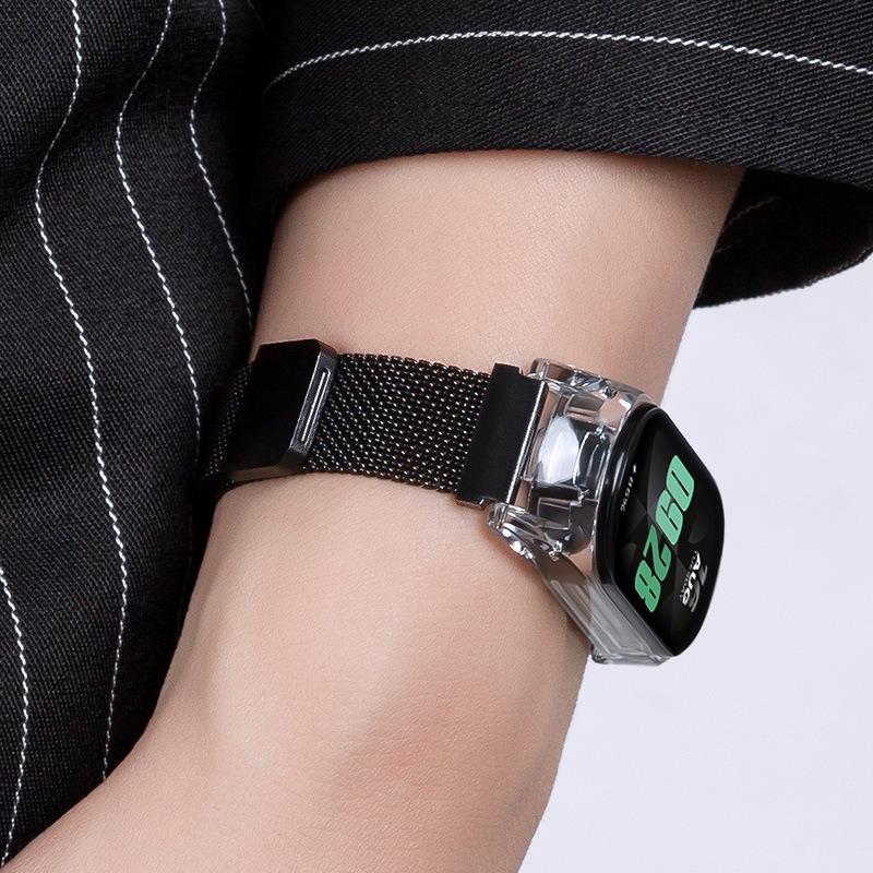 erorex For Xiaomi Smart Band 9 / 8 Transparent Pc Case Milanese Magnetic Metal Watch Band(Black) - Image 4