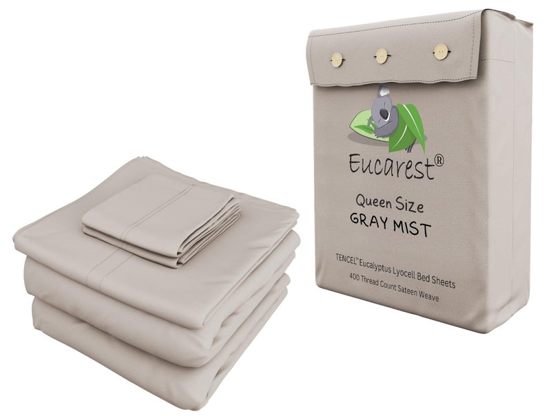 Eucalyptus Lyocell Bed Sheets Hypoallergenic 100 Organic Tencel Thermal Regulating and Moisture Wicking for Hot Sleepers Superior Thread Quality Extra Deep Pockets Queen Size  Gray