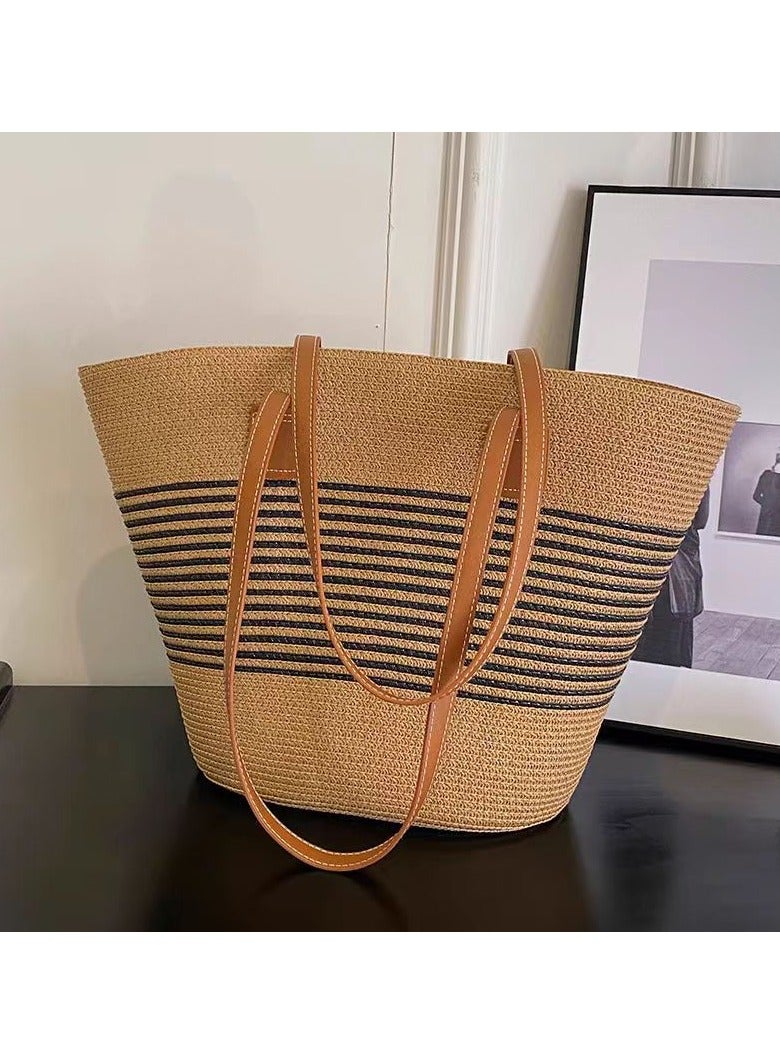 Women's Large-Capacity Woven Straw Tote Bag, Summer Beach Handbag, Rattan Shoulder Bag, Fashionable Bucket Bag for Casual Use - Image 4