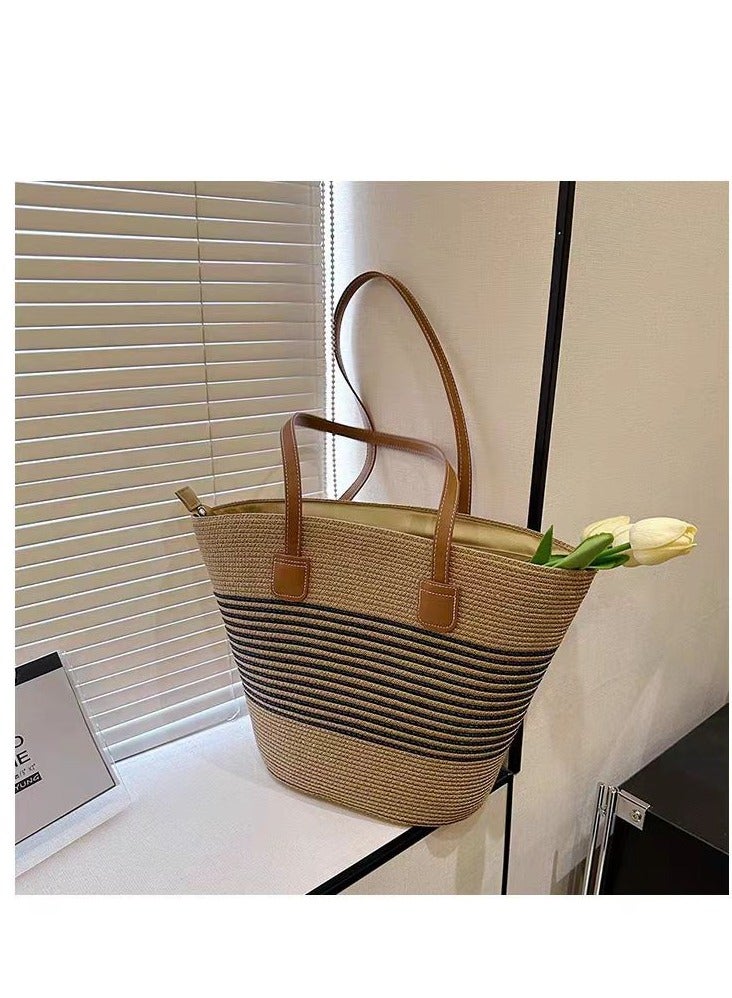 Women's Large-Capacity Woven Straw Tote Bag, Summer Beach Handbag, Rattan Shoulder Bag, Fashionable Bucket Bag for Casual Use - Image 5
