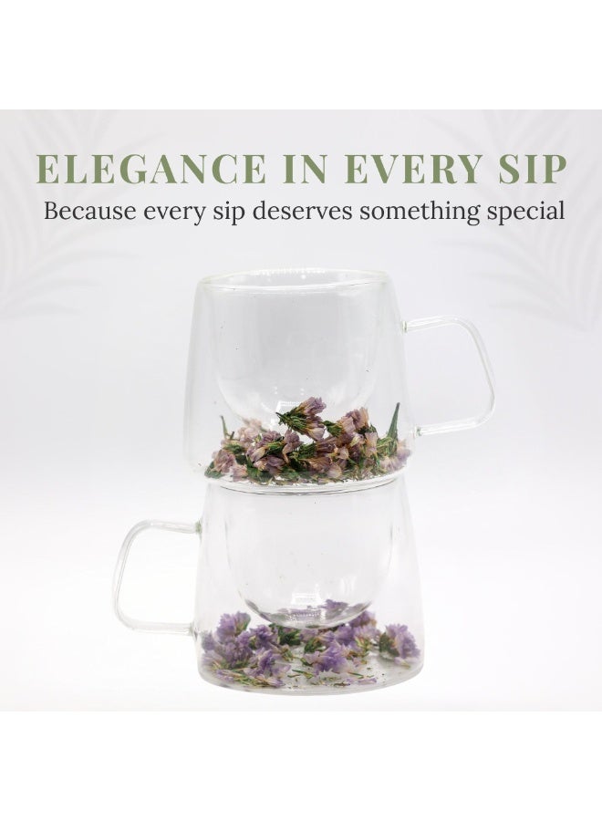 Set of 4 Aesthetic Flower Glass Cups – 200ml Double Wall Borosilicate Mugs with Pink Dried Flowers for Tea, Coffee & Gifting - Image 3