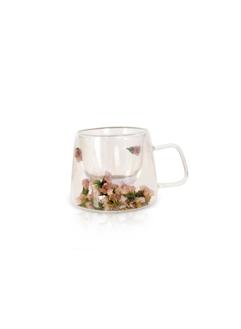Set of 4 Aesthetic Flower Glass Cups – 200ml Double Wall Borosilicate Mugs with Pink Dried Flowers for Tea, Coffee & Gifting - Image 1