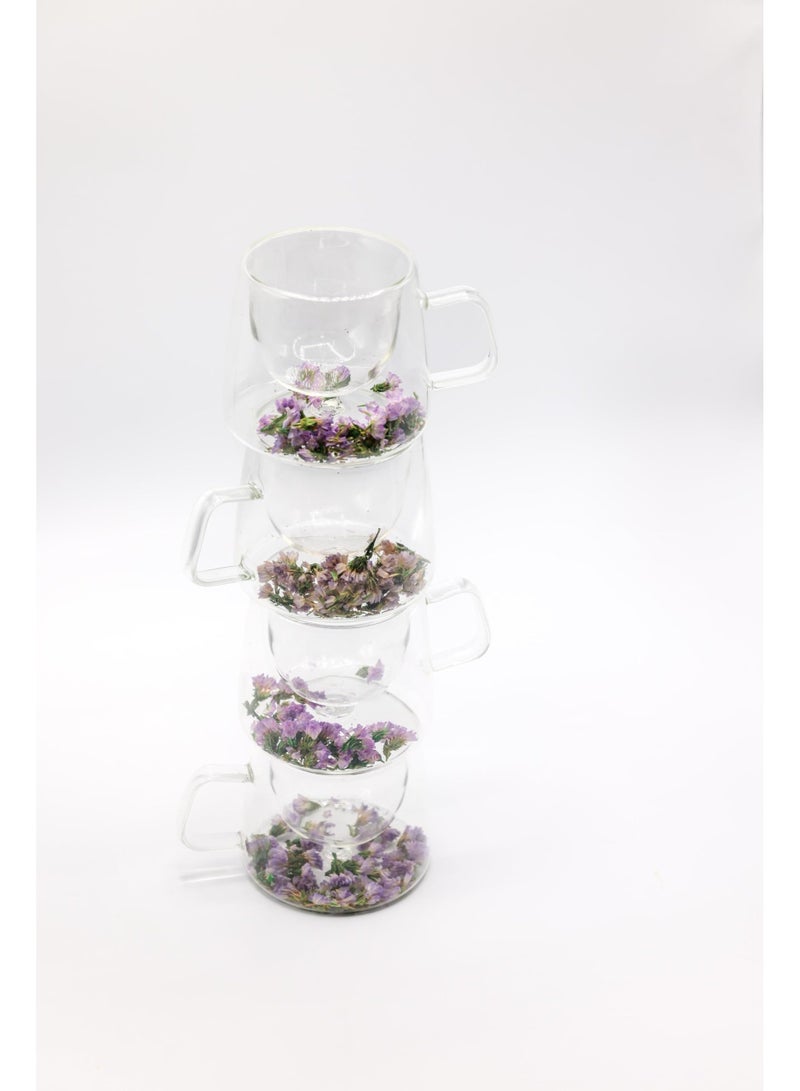 Set of 4 Aesthetic Flower Glass Cups – 200ml Double Wall Borosilicate Mugs with Pink Dried Flowers for Tea, Coffee & Gifting - Image 2