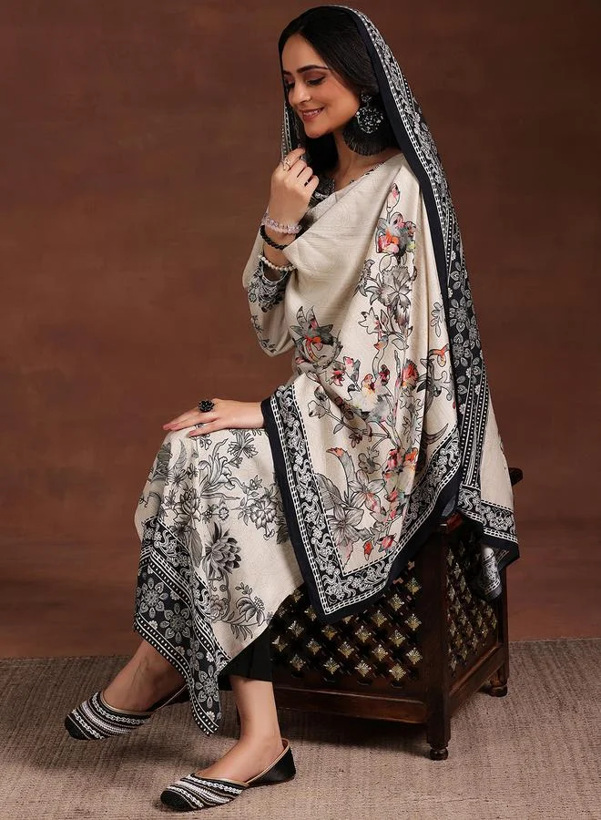Libas White Printed Silk Blend Straight Kurta, Trousers and Dupatta Set