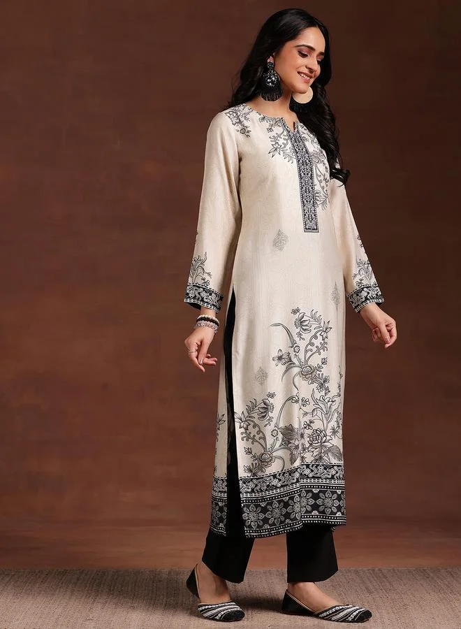 Libas White Printed Silk Blend Straight Kurta, Trousers and Dupatta Set