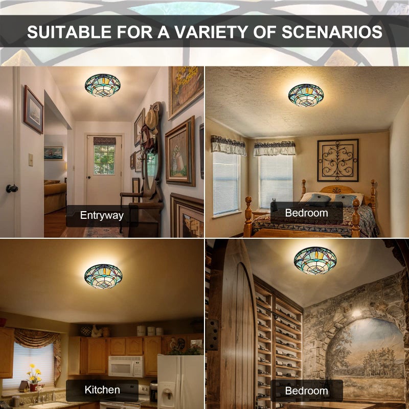 ARTZONE Tiffany Ceiling Lights, Stained Glass Ceiling Light 2-Lights 12 Inch Tiffany Flush Mount Ceiling Light for Bedroom Dining Living Room Entryway Foyer - Image 5