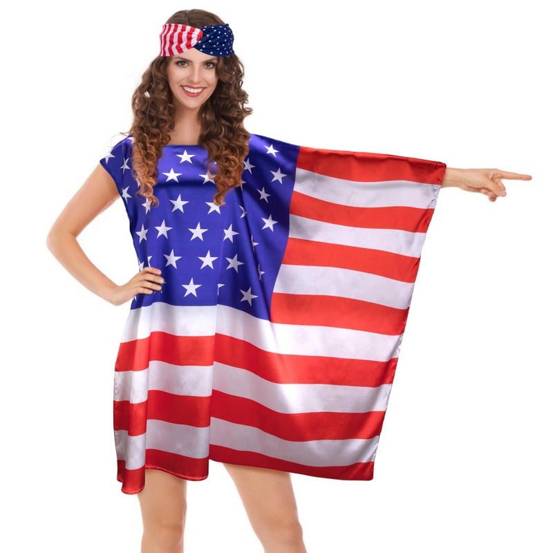 Watayo Plus Size American Flag Stars Stripes Dress and Headband, 4th of July Patriotic Dress Outfits for Women, Independence Day Flag Sleeveless Dress Hairband for Memorial Day Summer Costume - Image 1
