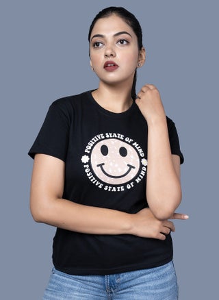 OUTLAWS Positive State of Mind Typography Printed Round Neck Cotton T-Shirt