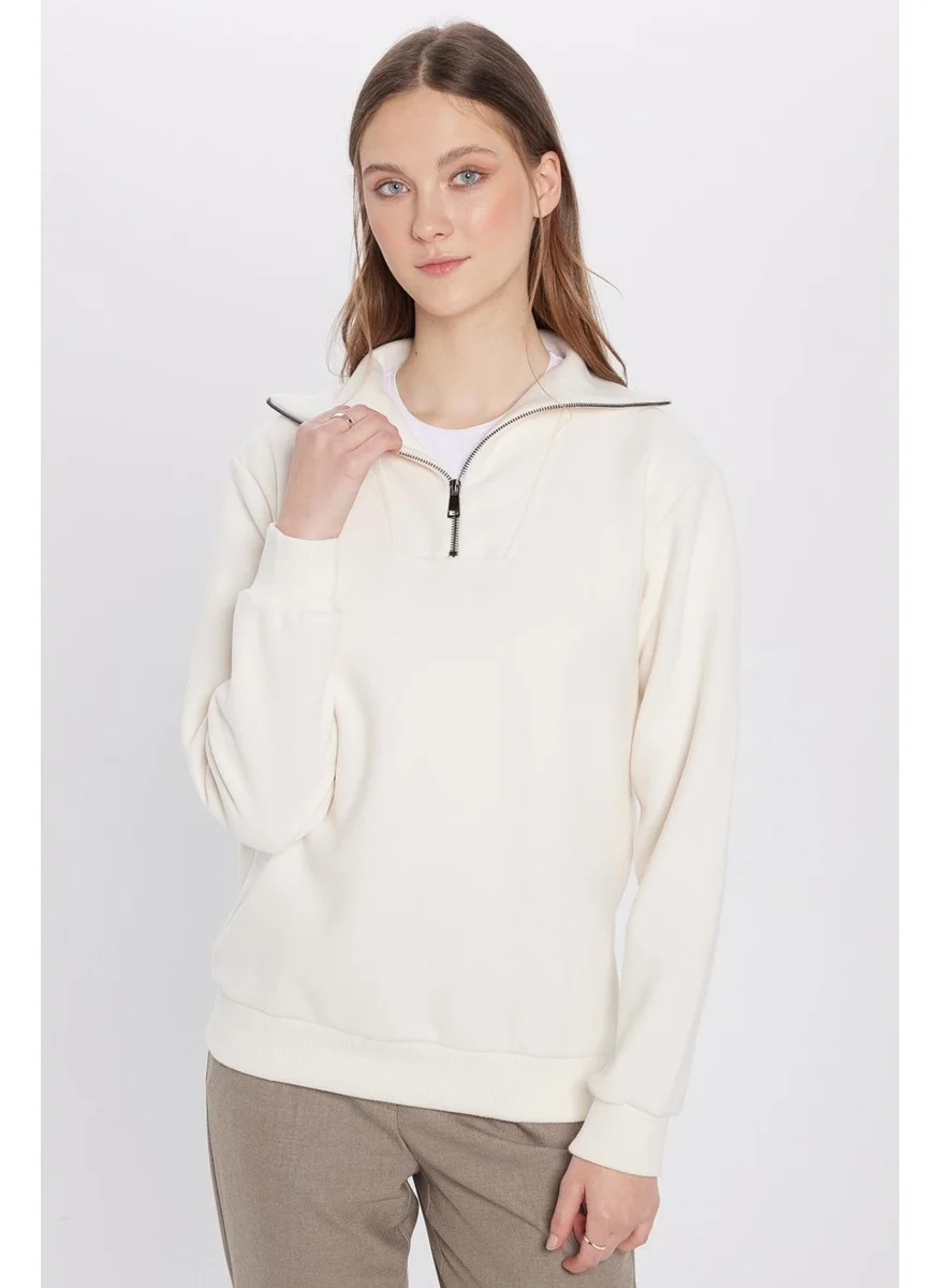 Tudors Relax Fit Comfortable Cut Ribbed Patterned Cotton Half Zipper Ecru Stand Collar Sweatshirt