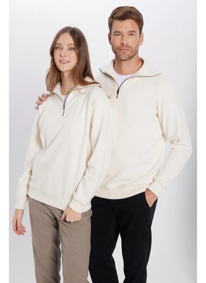 Tudors Relax Fit Comfortable Cut Ribbed Patterned Cotton Half Zipper Ecru Stand Collar Sweatshirt
