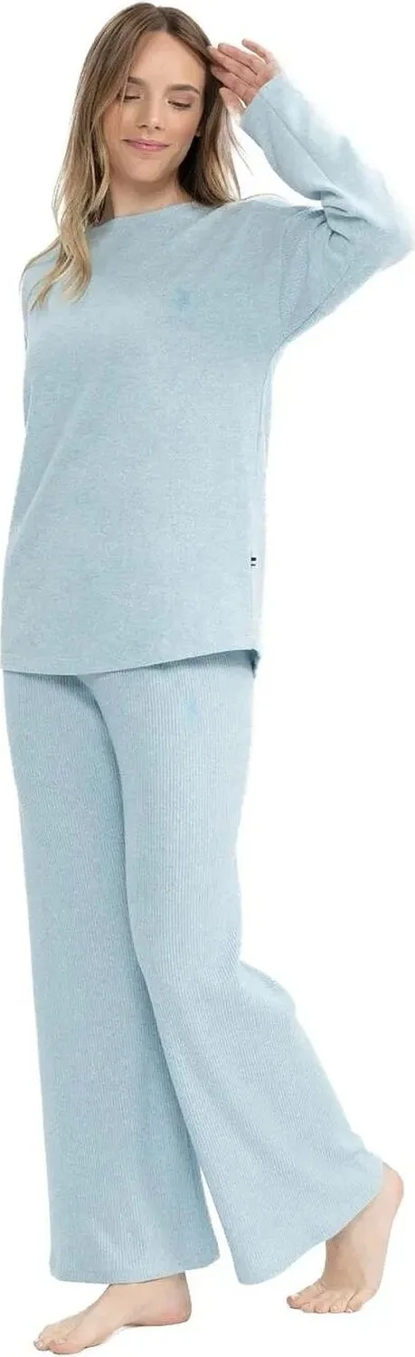 U.S. Polo Assn. 17085 Women's Soft Fabric Long Sleeve Round Neck Pajama Set-Blue Melange