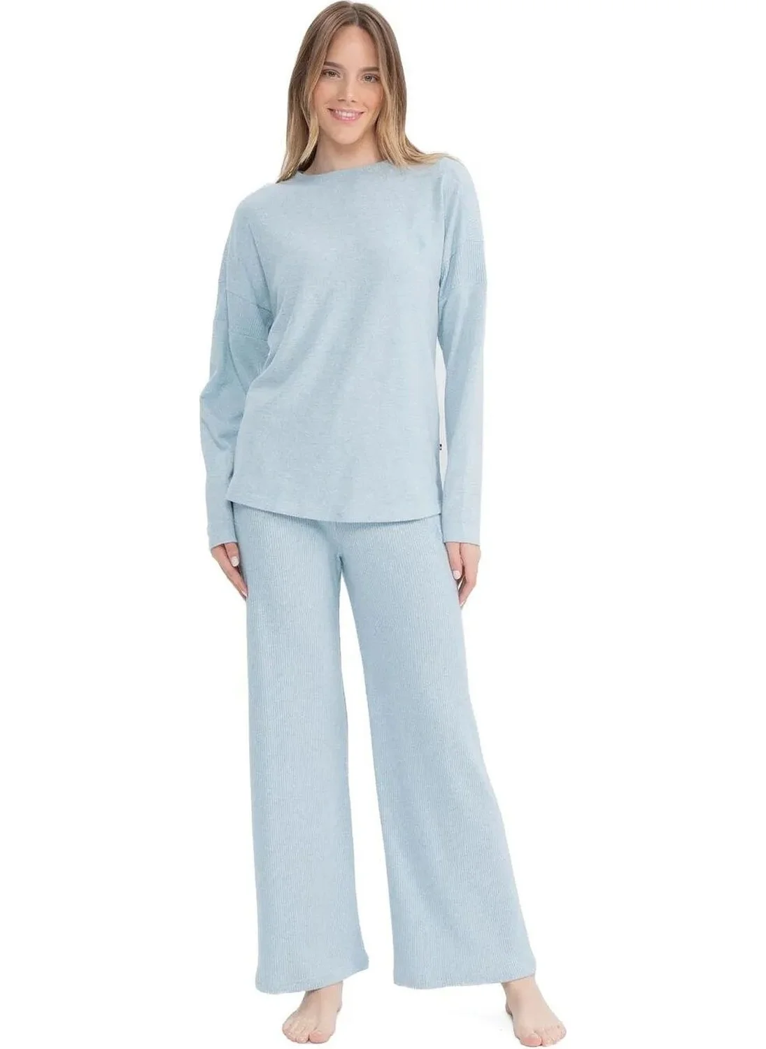 U.S. Polo Assn. 17085 Women's Soft Fabric Long Sleeve Round Neck Pajama Set-Blue Melange