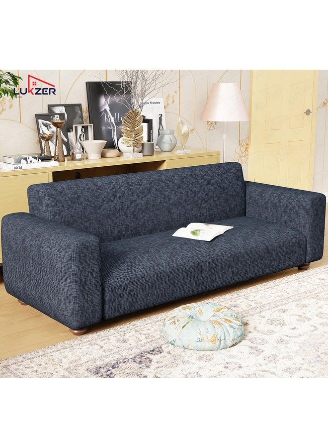Lukzer 5 Seater Dark Blue Lining Design Universal Sofa Cover 3+1+1 Seater | 360° Fully Covered Anti-Slip Washable Couch Cover Protecter | 140 GSM Stretch Fit Polyester + Spandex Slipcover (SC-023-05) - Image 3