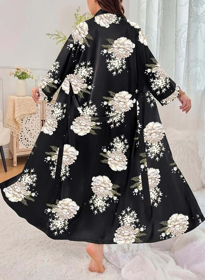 Take Two Black Plus Size Floral Print Robe with Tie-Belt for Women | Best Price UAE