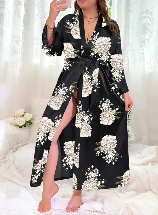 Take Two Black Plus Size Floral Print Robe with Tie-Belt for Women | Best Price UAE