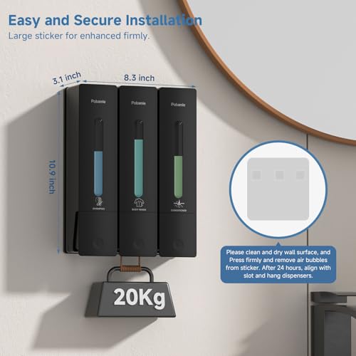 Pobamle Shampoo and Conditioner Dispenser - Shower Soap Dispenser Wall Mounted No Drill - Shampoo Conditioner Body Wash Dispenser 3 Chamber - Easy Install for Bathroom Hotel Black 1200ml - Image 3