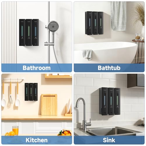 Pobamle Shampoo and Conditioner Dispenser - Shower Soap Dispenser Wall Mounted No Drill - Shampoo Conditioner Body Wash Dispenser 3 Chamber - Easy Install for Bathroom Hotel Black 1200ml - Image 4