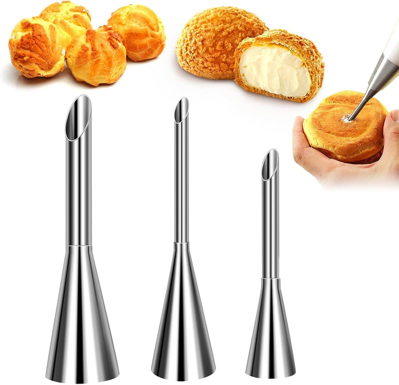 Suuker 3pcs/set Cream Icing Piping Nozzle Tips, Professional Stainless Steel Long Cream Puff Nozzle Decor Small Pastry Icing Piping Decorating Tools(Silver) | Long Cream Puff Nozzle, Small Pastry Icing, Decorating Tools - Image 1