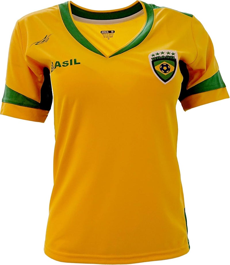 ARZA Brazil Women’s Soccer Jersey - Slim Fit Yellow V-Neck Short Sleeve Football Shirt - Image 1