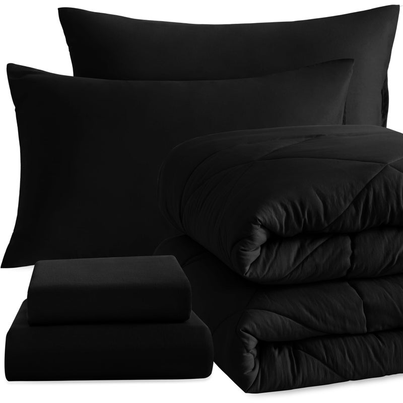 NTBAY Twin Comforter Set with Sheets, 5 Pieces Soft and Breathable Twin Bedding Set, Twin Bed in a Bag, Down Alternative Comforter Set Solid Color All Season, Kids Bedding Set, Black - Image 1