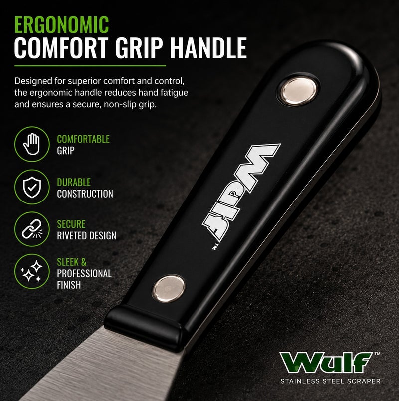 Wulf 2-Inch Stainless Steel Putty Knife Scraper Professional Rust Resistant Wall Paint Scraper with Heavy Duty Riveted Handle for Drywall Spackling Patching Painting and Surface Scraping Tool - Image 3