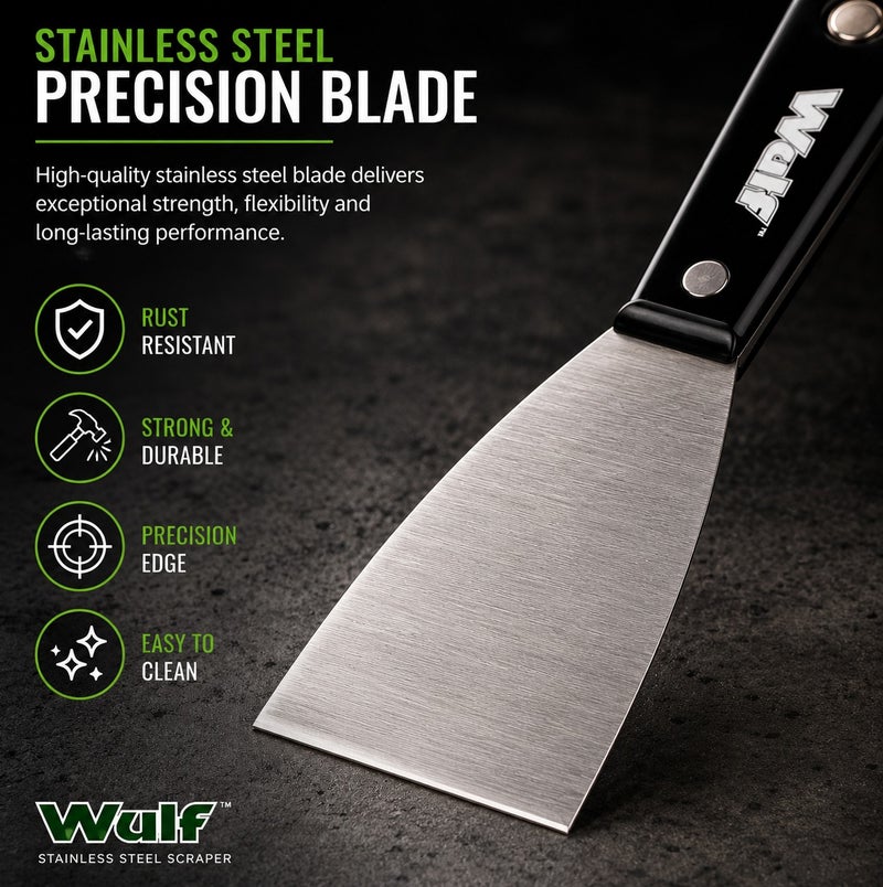 Wulf 2-Inch Stainless Steel Putty Knife Scraper Professional Rust Resistant Wall Paint Scraper with Heavy Duty Riveted Handle for Drywall Spackling Patching Painting and Surface Scraping Tool - Image 2