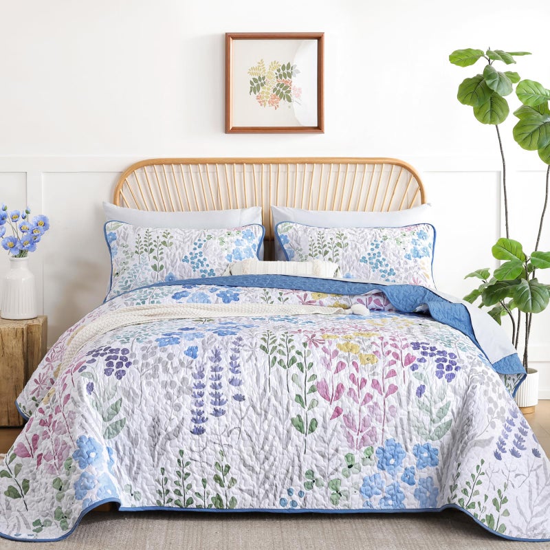 Xruibed Floral Quilt Sets Queen Size Blue Quilt Set 3 Pieces Bedspreads Bedding Set Soft and Cozy Microfiber Lightweight Quilt Flower Bed Coverlet Sets for All Season(Queen 96"x90") - Image 1
