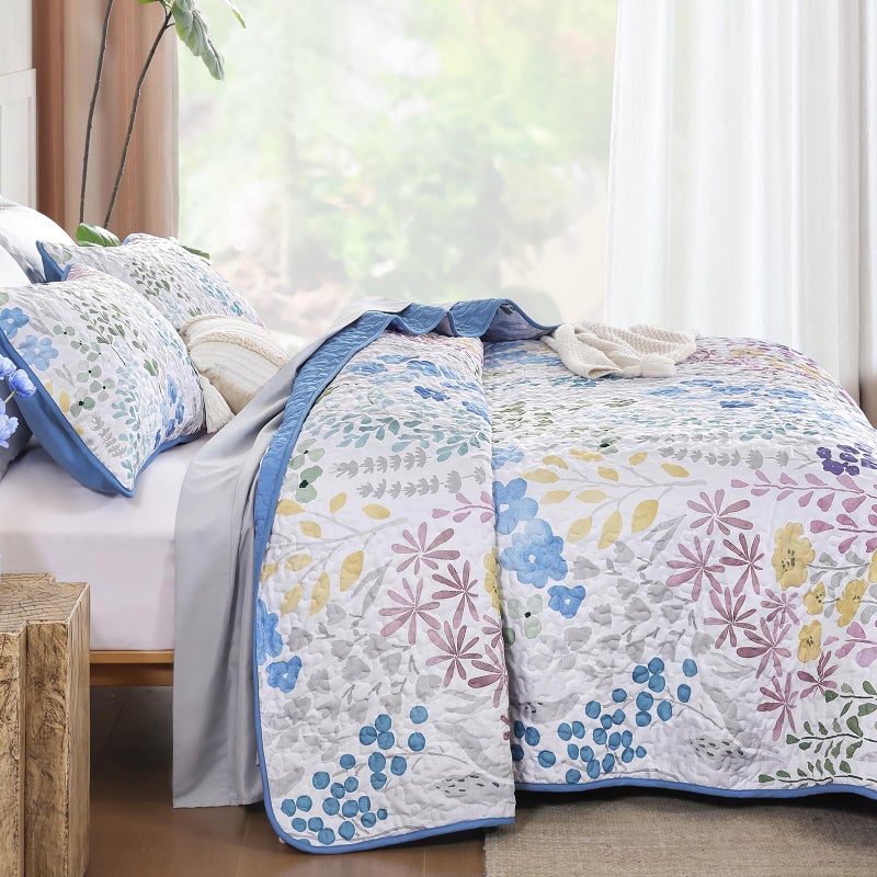 Xruibed Floral Quilt Sets Queen Size Blue Quilt Set 3 Pieces Bedspreads Bedding Set Soft and Cozy Microfiber Lightweight Quilt Flower Bed Coverlet Sets for All Season(Queen 96"x90") - Image 4