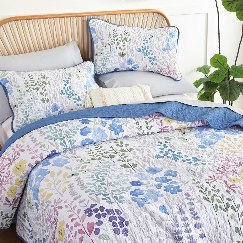 Xruibed Floral Quilt Sets Queen Size Blue Quilt Set 3 Pieces Bedspreads Bedding Set Soft and Cozy Microfiber Lightweight Quilt Flower Bed Coverlet Sets for All Season(Queen 96"x90") - Image 3