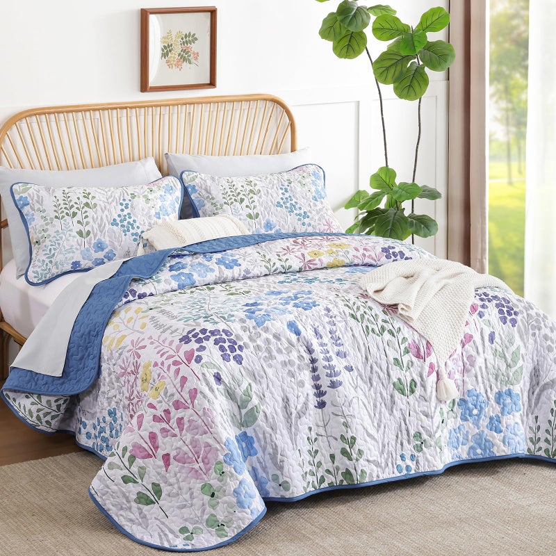 Xruibed Floral Quilt Sets Queen Size Blue Quilt Set 3 Pieces Bedspreads Bedding Set Soft and Cozy Microfiber Lightweight Quilt Flower Bed Coverlet Sets for All Season(Queen 96"x90") - Image 2