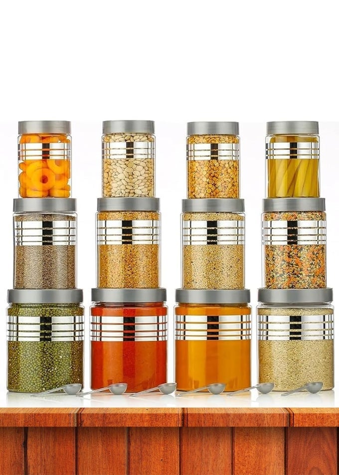 PLASTIC PET STORAGE JAR AND CONTAINER, SET OF 12 (4 PCS X350ML, 4 PCS X 650ML, 4 PCS X 1200ML) WITH SPOONS AIR TIGHT | KITCHEN ORGANISER IMPROVED MODEL SILVER LINE PRINTED JAR