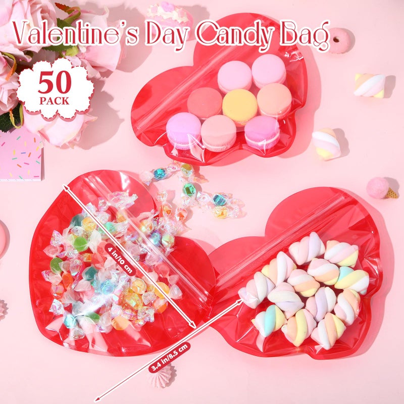 Yexiya 50 Pcs Large Valentine Gift Bags 3.4 x 4 Inch Heart Shaped Treat Bags Valentine Clear Cellophane Bag Plastic Heart Candy Goodie Reusable Sealed Bag for Party Favors(Red) - Image 2