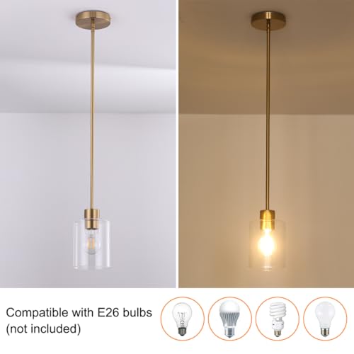 KLSS Brass Pendant Lights Kitchen Island,Modern Farmhouse Clear Glass Pendant Light,Gold Light Fixture Kitchen Pendant Mini Hanging Light Fixture for Sink (Brass 2 Pack stem Rod) - Image 4