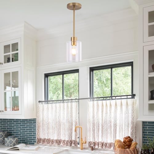 KLSS Brass Pendant Lights Kitchen Island,Modern Farmhouse Clear Glass Pendant Light,Gold Light Fixture Kitchen Pendant Mini Hanging Light Fixture for Sink (Brass 2 Pack stem Rod) - Image 5