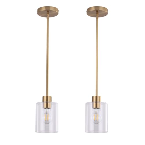 KLSS Brass Pendant Lights Kitchen Island,Modern Farmhouse Clear Glass Pendant Light,Gold Light Fixture Kitchen Pendant Mini Hanging Light Fixture for Sink (Brass 2 Pack stem Rod) - Image 1