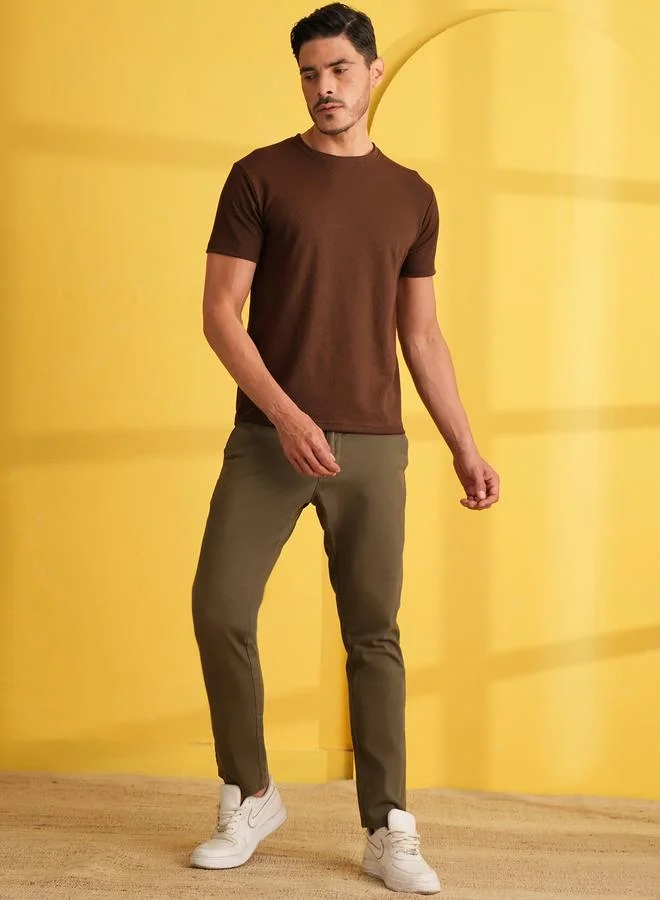 تايك تو Brown Solid Round Neck Ribbed Knit T-Shirt By Reprise