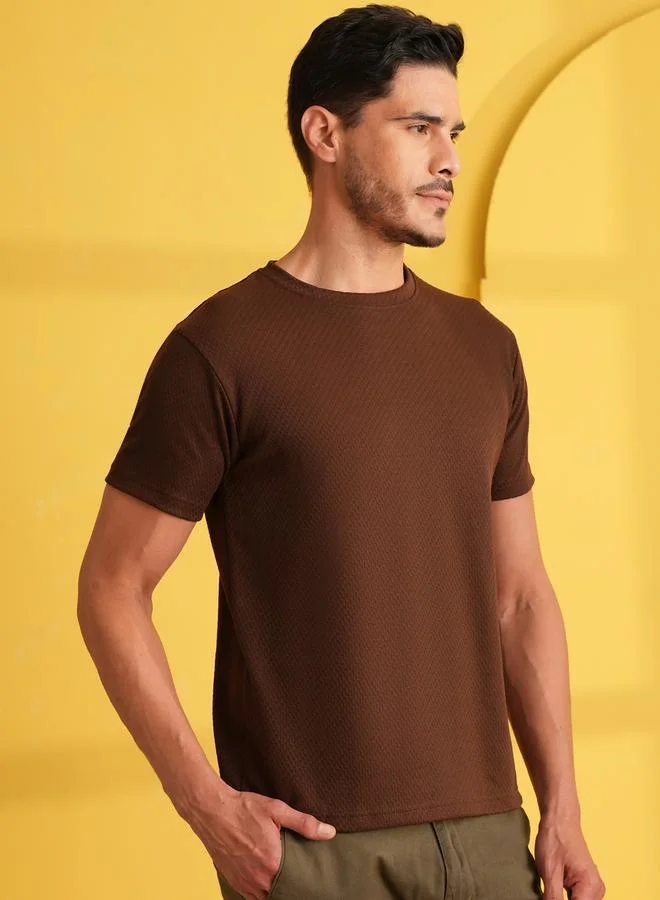 تايك تو Brown Solid Round Neck Ribbed Knit T-Shirt By Reprise
