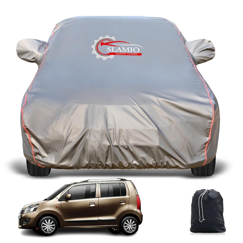 Slamio Heavy-Duty Car Body Cover for Maruti Suzuki WagonR (1999-2009) | Waterproof, Dustproof, UV Protection, Custom Fit, Heavy Belt & Buckle with Mirror & Antenna Pocket | Dark Grey - Image 1