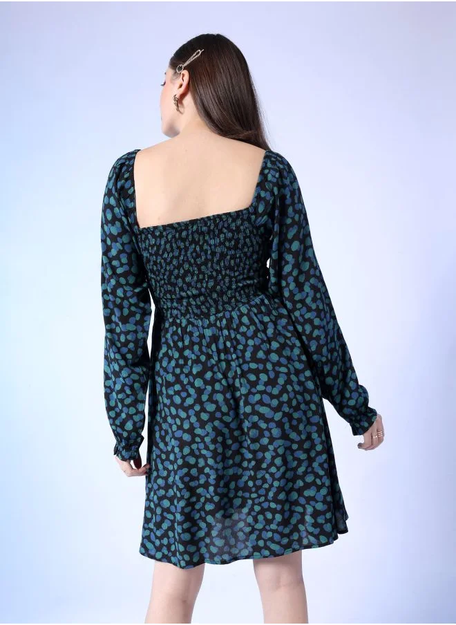 Freehand Women Fit and Flared Casual Abstract Print Square Neck Midi Dress