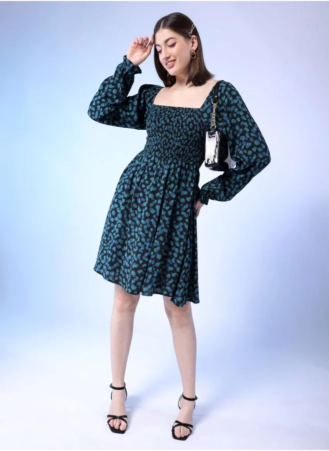 Freehand Women Fit and Flared Casual Abstract Print Square Neck Midi Dress