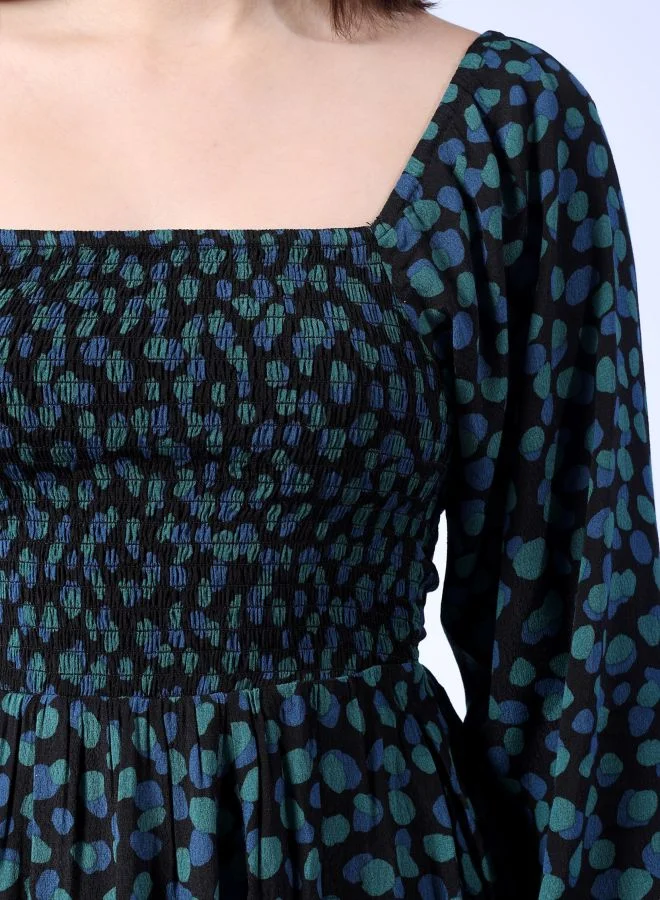 مرفوعة Women Fit and Flared Casual Abstract Print Square Neck Midi Dress
